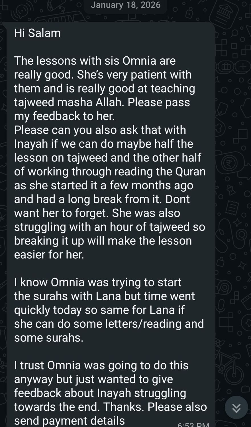 WhatsApp feedback from a parent about patient Tajweed teaching