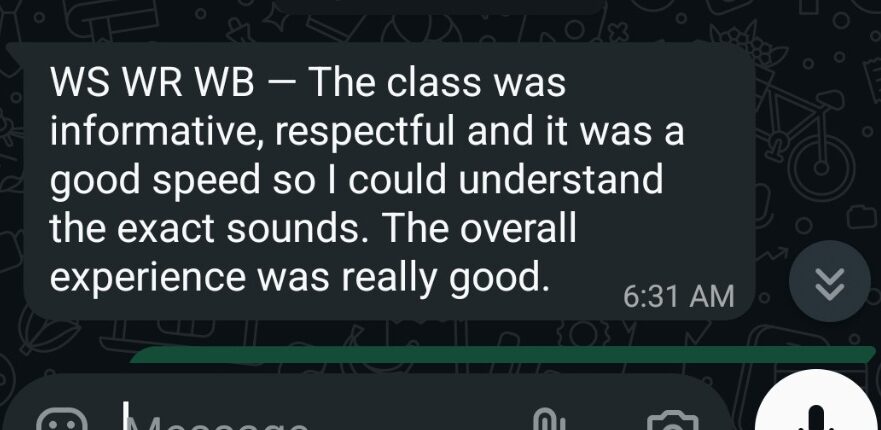 Sarah's WhatsApp feedback after a Tajweed class