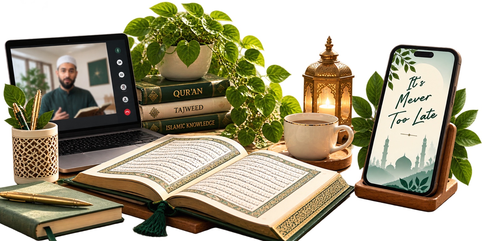 A live online Quran lesson beside an open Quran and a reminder that it is never too late to begin