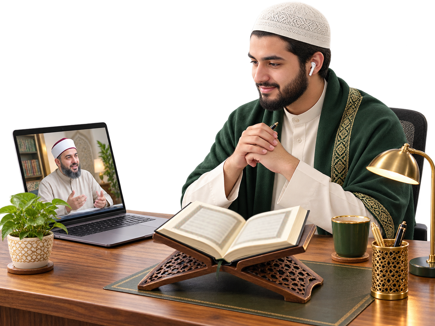 An adult learner studying Quran recitation online with a male teacher